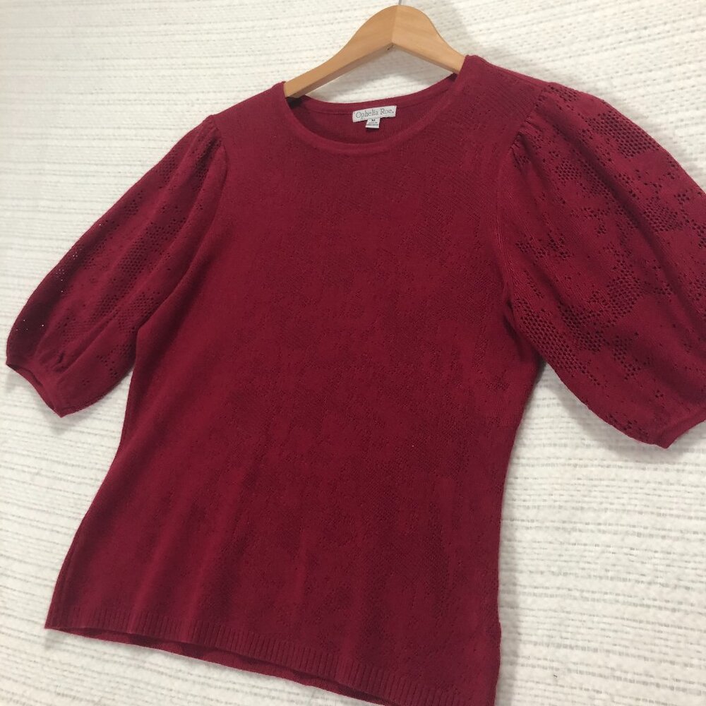 Ophelia Roe Women's Size Med‎ Maroon Relief Knit Floral 3/4 Balloon Sleeve